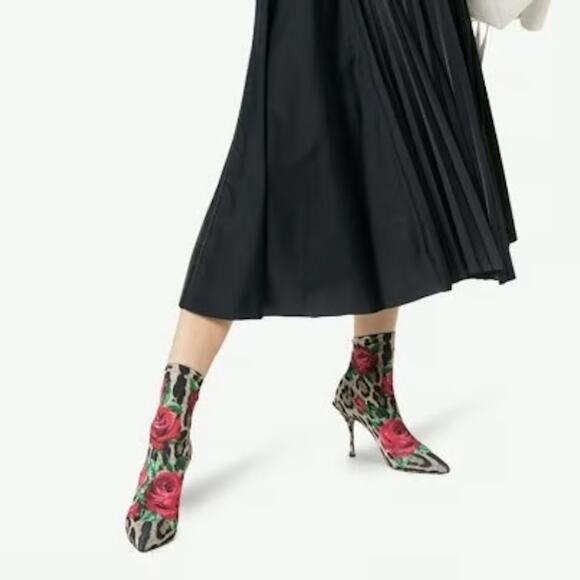 Dolce & Gabbana Floral Leopard Rose Print Stretch booties boots Tan Red 38 - Picture 9 of 9